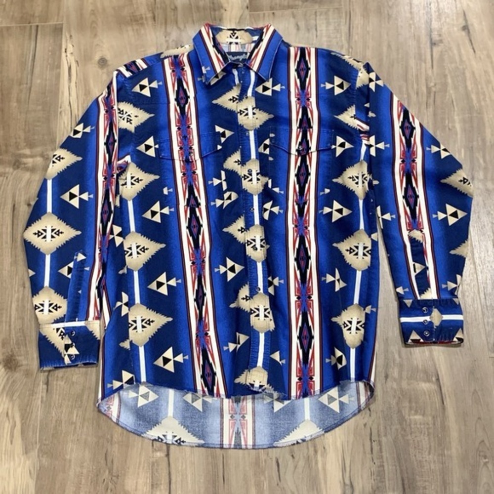VTG Wrangler Aztec Pearl Snap Long Sleeve Collared Shirt Button Up‎ L Cowboy